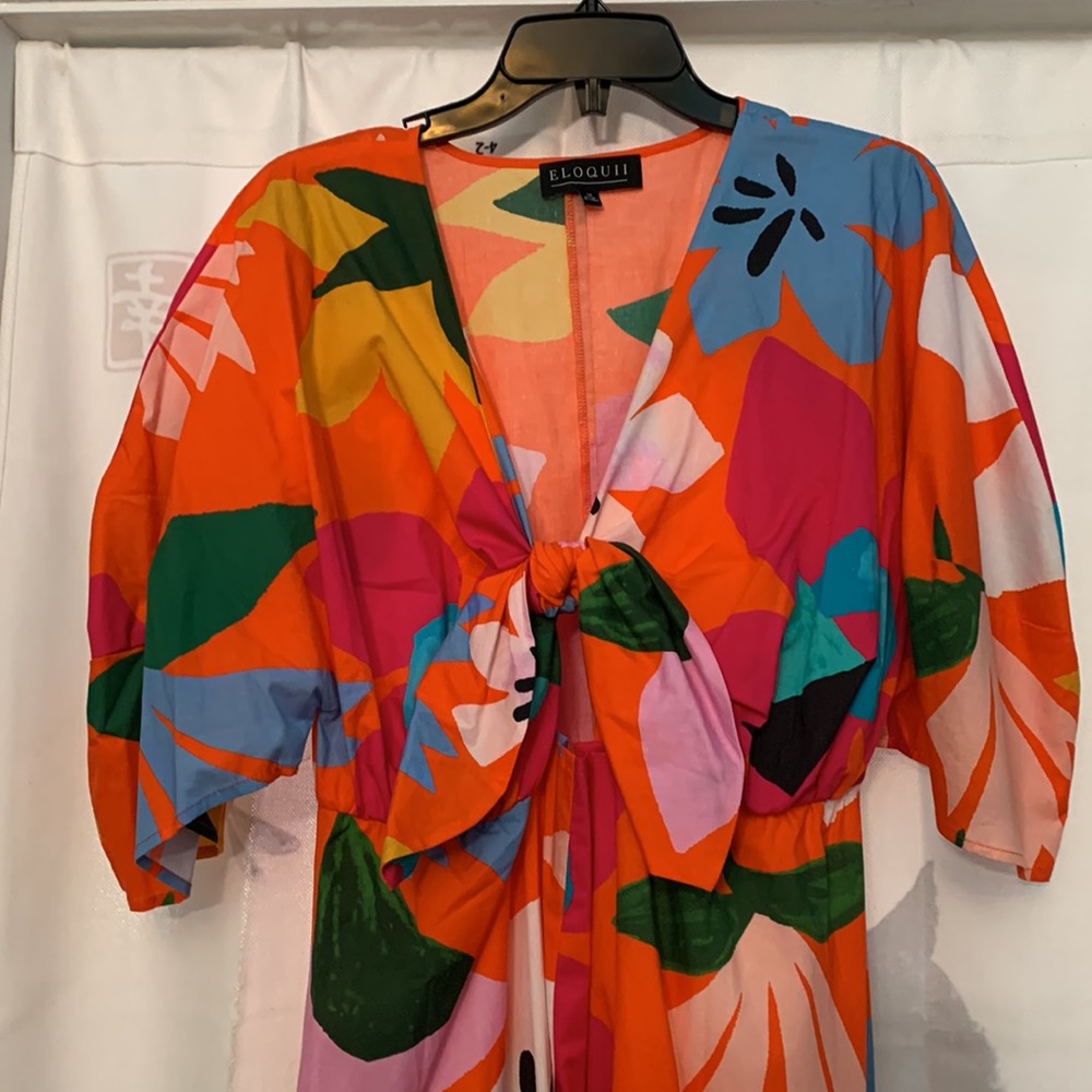 Tropical bare midriff maxi dress with front tie by Eloquii